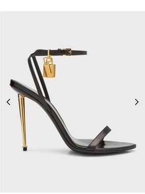 Tom Ford Black Leather Stiletto Sandals with Gold Padlock Charm